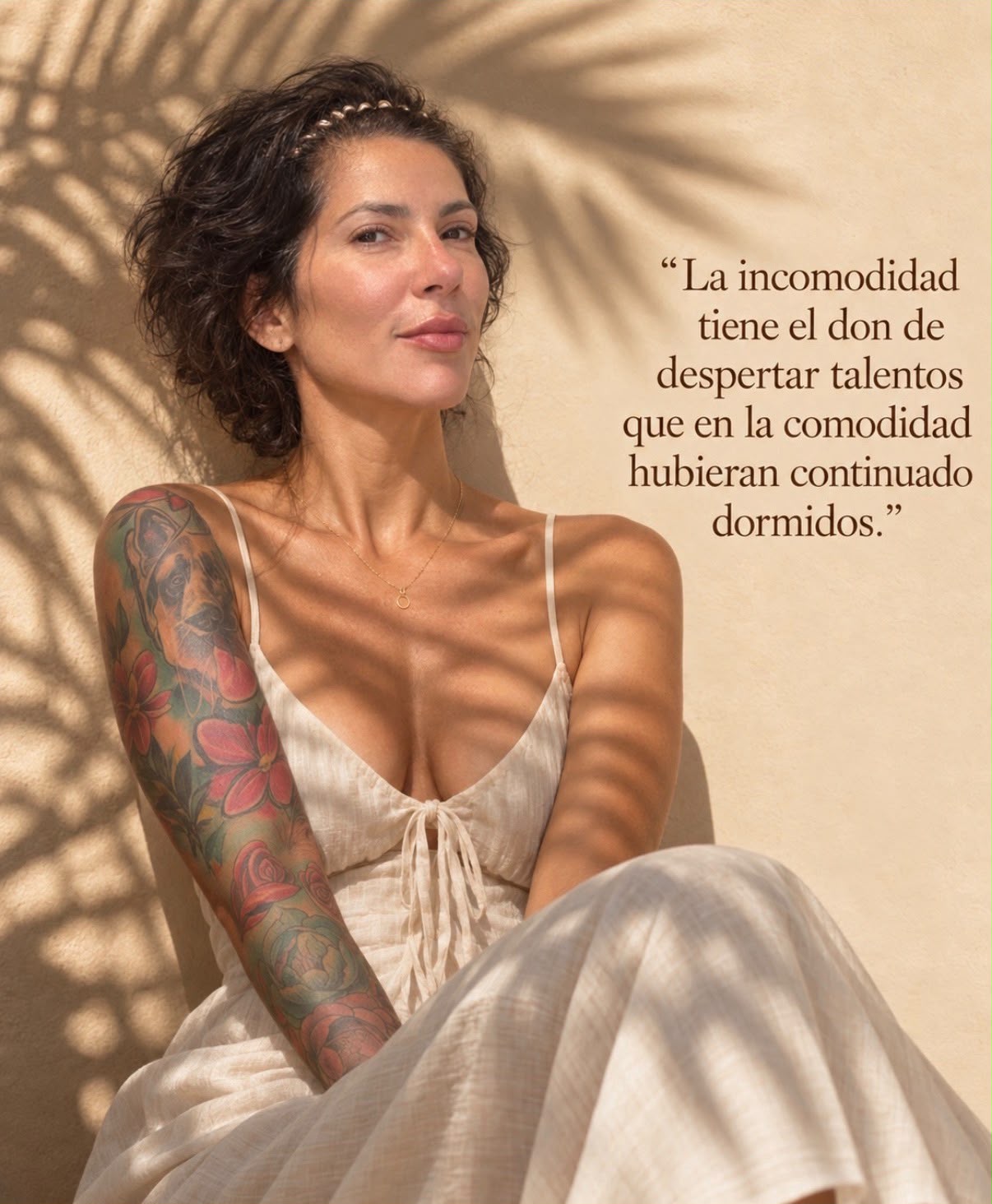 Retrato cálido de Melissa Vargas entre sombras de palmeras